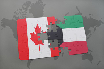 puzzle with the national flag of canada and kuwait on a world map background.