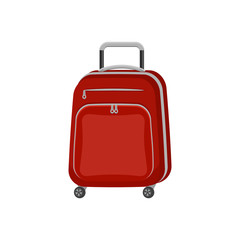Red travel bag suitcase on isolated white background. Summer travel handle luggage. Flat vector icon illustration.