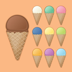 Big chocolate cone with various fruit ice cream. Set of colorful sweet waffle cones and ice cream scoops with different flavors and colors. Vector illustration on a dark background with shadow.