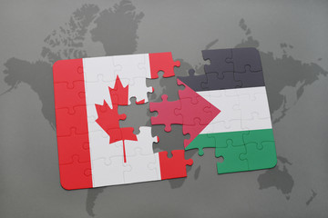 puzzle with the national flag of canada and palestine on a world map background.