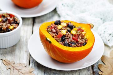 black beans corn white and red rice stuffed pumpkin