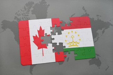 puzzle with the national flag of canada and tajikistan on a world map background.