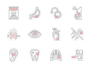 Set of smoking harmful flat line vector icons