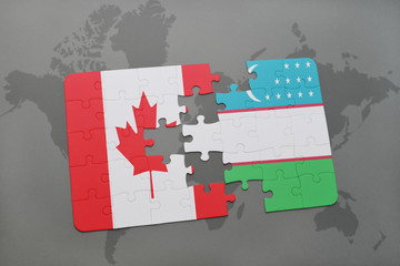 puzzle with the national flag of canada and uzbekistan on a world map background.
