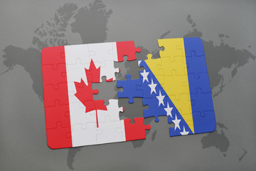 puzzle with the national flag of canada and bosnia and herzegovina on a world map background.