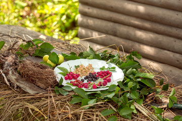 wild berries and green apples on straw