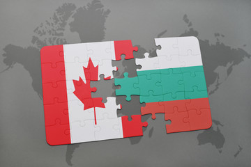 puzzle with the national flag of canada and bulgaria on a world map background.