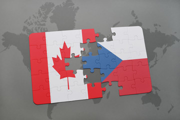 puzzle with the national flag of canada and czech republic on a world map background.