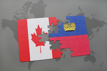 puzzle with the national flag of canada and liechtenstein on a world map background.