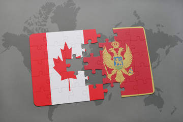 puzzle with the national flag of canada and montenegro on a world map background.