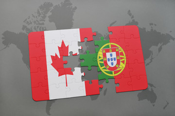 puzzle with the national flag of canada and portugal on a world map background.
