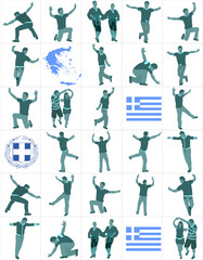 Fototapeta na wymiar A Greek Evzone dancing vector silhouette isolated on white. Traditional dance. Greece map, coat of arms and Greece flag. Tourist guide Greek symbol. Sirtaki, Syrtaki, Zorba dance.