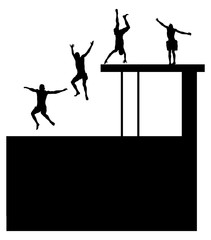 Young boys in many different position jumping into the water from a jetty. Young people having fun at the swimming pool on a summer day. Cliff Jumping vector silhouette illustration isolated on white.