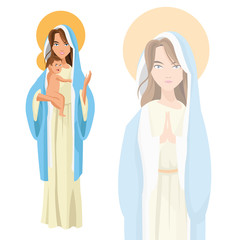 Holy mary woman girl baby jesus cartoon religion saint icon. Pastel colored and isolated illustration. Vector graphic