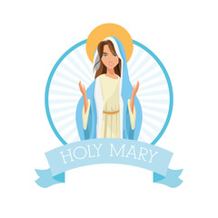 Holy mary woman girl cartoon religion saint icon. Pastel colored seal stamp with ribbon illustration. Vector graphic