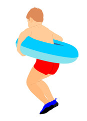 Happy boy go to swimming in life preserver, vector illustration. Boy on the beach or near the swimming pool.