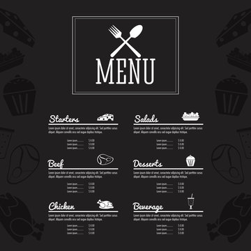 starters salads beef chicken dessert beverage menu restaurant kitchen cutlery  icon. Colorfull illustration. Vector graphic