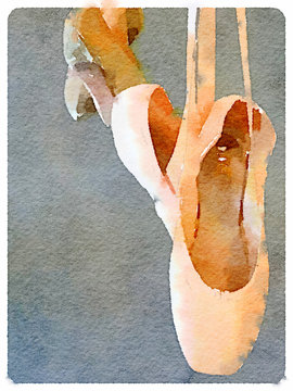 Digital watercolor painting of pointe ballet shoes hanging up. With space for text.