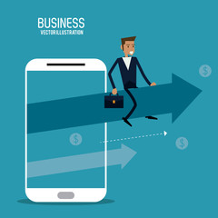 Businessman smartphone arrow man male suitcase business icon. Colorfull and flat illustration. Vector graphic