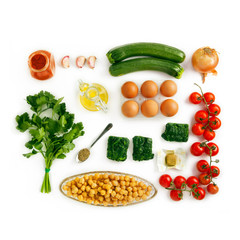 Food ingredients for omelet for healthy breakfast isolated on wh