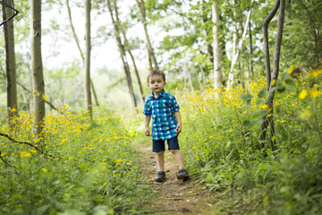 child in the forest having fun