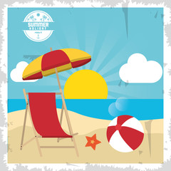 chair umbrella ball summer holiday vacation icon. Colorfull and grunge illustration. Vector graphic