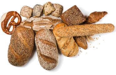 Different bread products, above view.