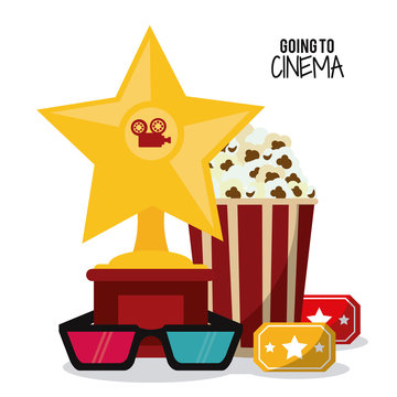 pop corn 3d glasses gold star movie film going to cinema icon. Colorfull illustration. Vector graphic