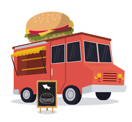 hamburger truck fast food delivery transportation creative icon. Colorfull illustration. Vector graphic