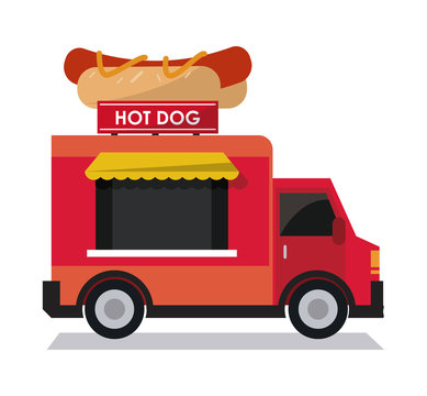 hot dog truck fast food delivery transportation creative icon. Colorfull illustration. Vector graphic