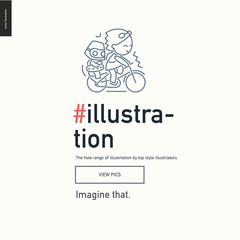 Illustartion block website template - contemporary flat vector icon of illustration development and a corresponding text and button layout on light background, for design studio website