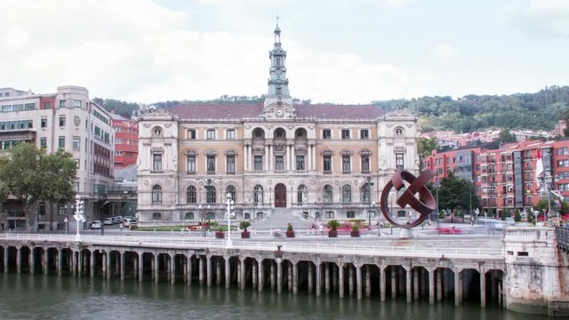 Town Hall of the city of Bilbao. Time lapse on a cloudy day.