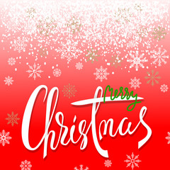 Merry Christmas handwritten lettering design with white snowflakes on red background. Christmas card. EPS10