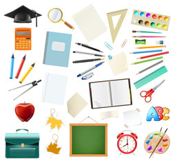 Set of school supplies isolated on white. Education workplace 