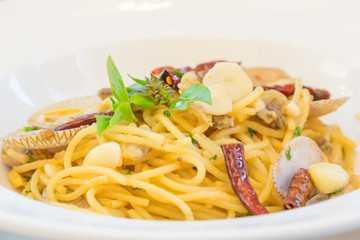 Close up of spicy spaghetti with clam in the white dish.