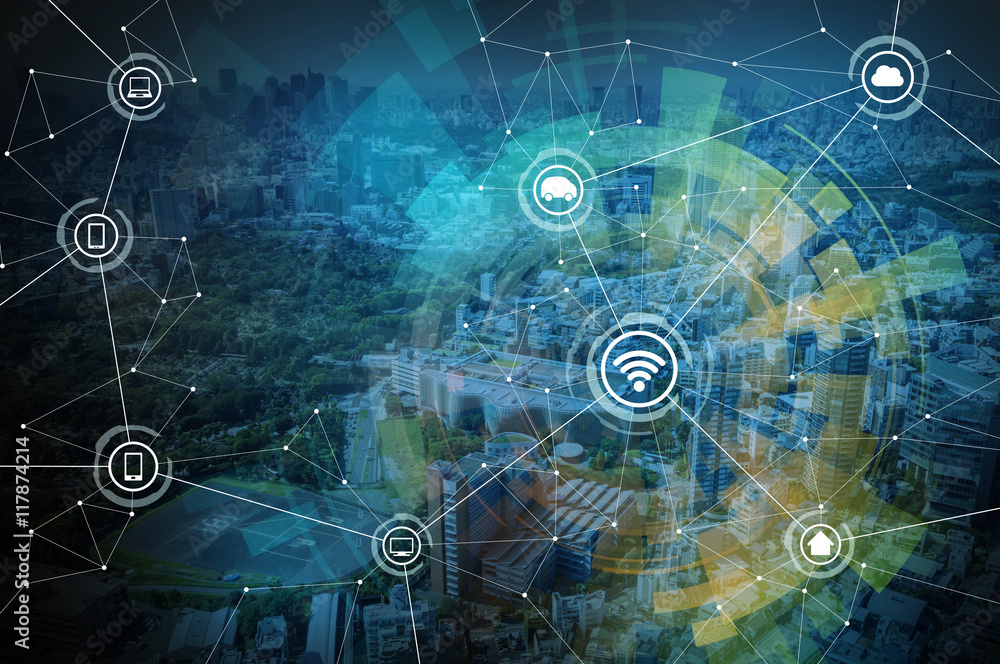 Fototapete smart city and wireless communication network, iot(internet of things),cps(cyber-physical systems), 