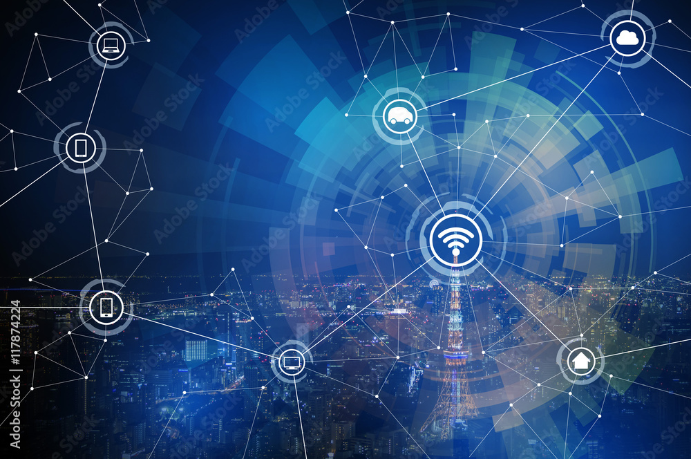 Fototapete smart city and wireless communication network, iot(internet of things),cps(cyber-physical systems), 