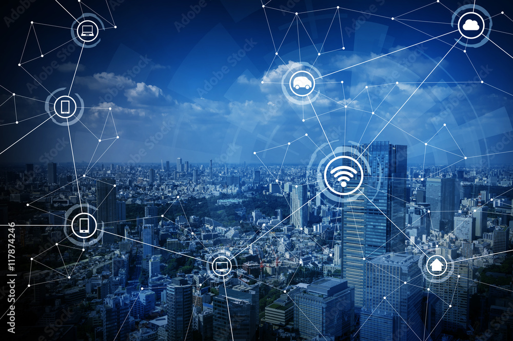 Poster smart city and wireless communication network, IoT(Internet of Things),CPS(Cyber-Physical Systems), ICT(Information Communication Technology), abstract image visual