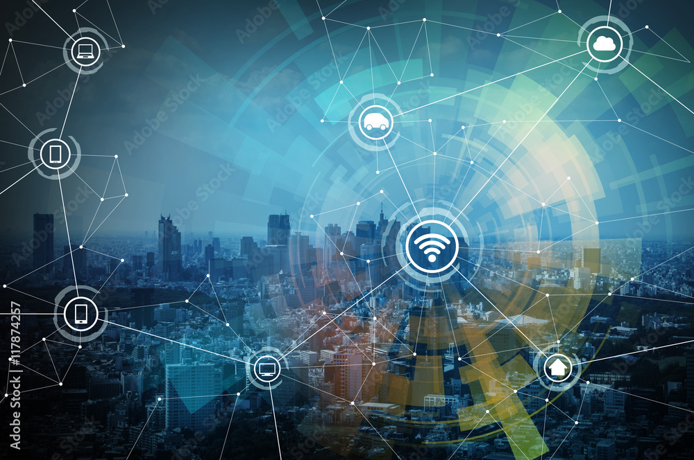 Leinwandbilder smart city and wireless communication network, IoT(Internet of Things),CPS(Cyber-Physical Systems), ICT(Information Communication Technology), abstract image visual