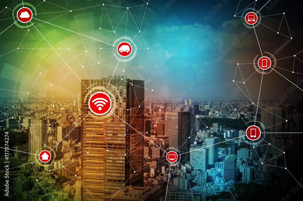 Fototapete smart city and wireless communication network, iot(internet of things),cps(cyber-physical systems), 