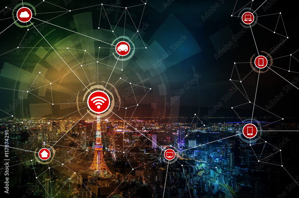 Aufkleber smart city and wireless communication network, IoT(Internet of Things),CPS(Cyber-Physical Systems), ICT(Information Communication Technology), abstract image visual