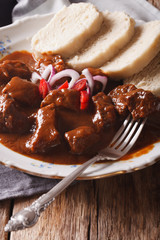 homemade hot Czech goulash with knodel close-up. vertical
