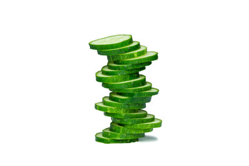 Pyramid made of cucumber slices on white background, side view