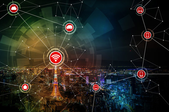 smart city and wireless communication network, IoT(Internet of Things),CPS(Cyber-Physical Systems), ICT(Information Communication Technology), abstract image visual