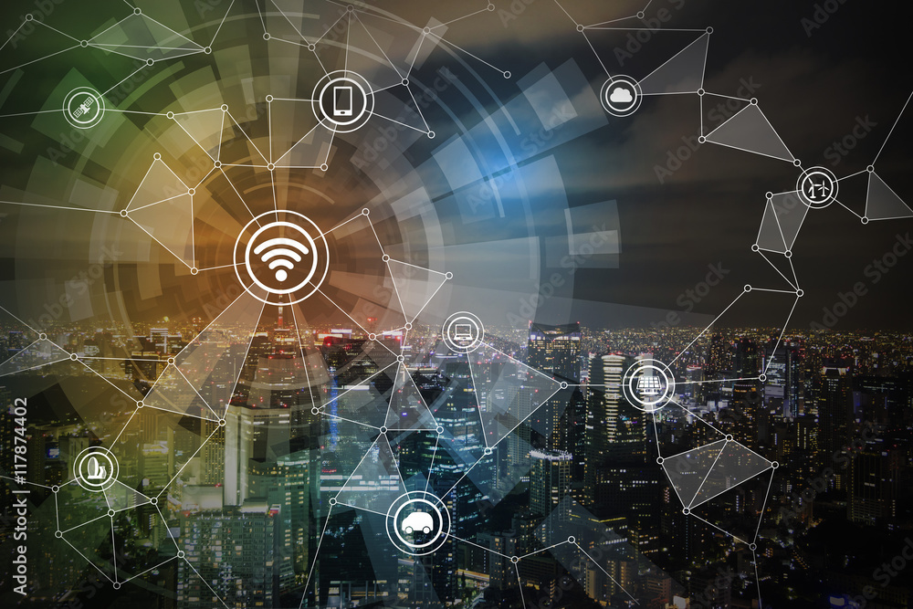 Fototapete smart city and wireless communication network, iot(internet of things),cps(cyber-physical systems), 