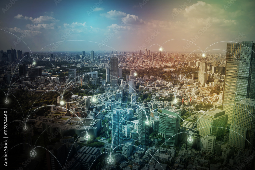 Poster modern cityscape and wireless sensor network, sensor node and connecting line, information communica