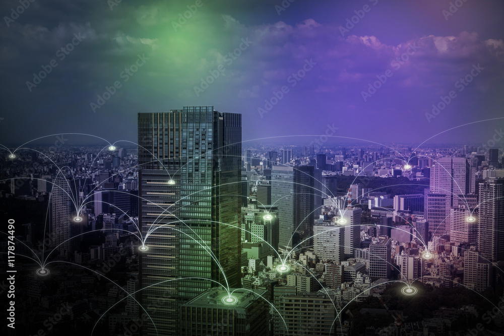 Poster modern cityscape and wireless sensor network, sensor node and connecting line, Information Communication Technology, internet of things, abstract image visual