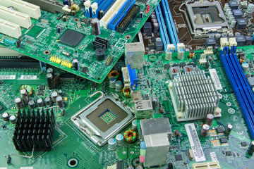 Stack of computer motherboard.Old computer motherboards.