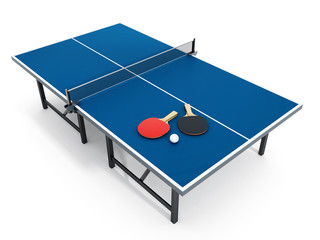 3D illustration of Ping pong table, rackets and ball.