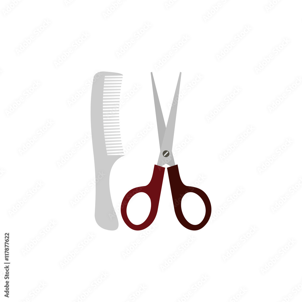 Poster comb and scissors icon in flat style on a white background